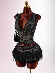 Amplova Lace Tank Top Ruffle Hem Skirt Set Halloween Club Night Out Party Black Floral Summer Goth Sexy - Black - View 8
