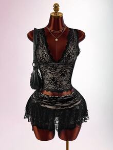 Amplova Lace Tank Top Ruffle Hem Skirt Set Halloween Club Night Out Party Black Floral Summer Goth Sexy - Black - View 9