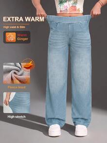 Flexra Plus Size Women's Elastic Waist Pocket Straight Leg Loose Thermal Lined Denim Jeans - Light Wash - View 9
