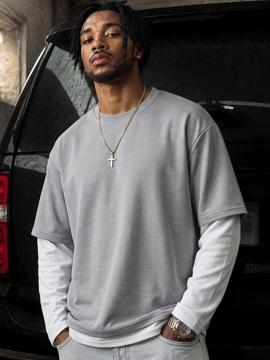 GETOML Men's Casual Commute Streetwear 2-In-1 Layered T-Shirt - Grey - View 1
