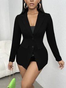 SHEIN SXY Solid Button Front Lapel Neck Blazer In Fall/Winter - Black - View 6