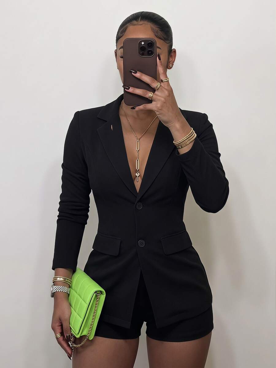 SHEIN SXY Solid Button Front Lapel Neck Blazer In Fall/Winter - Black - View 1