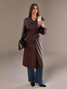 SHEIN Tall Double Breasted Belted PU Trench Coat - Brown - View 8
