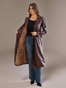 SHEIN Tall Double Breasted Belted PU Trench Coat - Brown - View 3