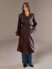 SHEIN Tall Double Breasted Belted PU Trench Coat - Brown - View 6