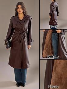 SHEIN Tall Double Breasted Belted PU Trench Coat - Brown - View 1