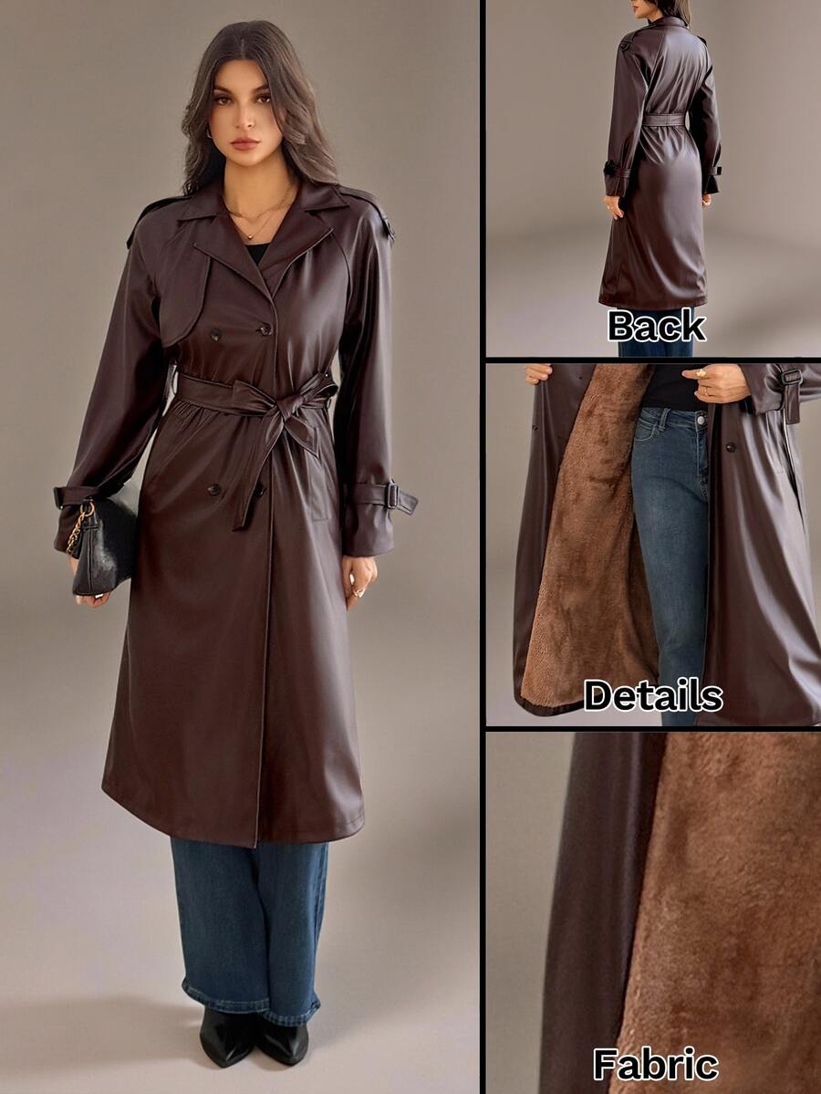 SHEIN Tall Double Breasted Belted PU Trench Coat - Brown - View 1