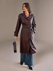SHEIN Tall Double Breasted Belted PU Trench Coat - Brown - View 4