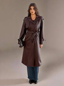 SHEIN Tall Double Breasted Belted PU Trench Coat - Brown - View 7