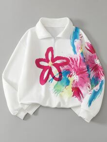 SHEIN Teen Girl Floral Print Casual Cute Daily Wear Long Sleeve Sweatshirt Sixth Form Party Cruise Beach White Autumn - Multicolor - View 1
