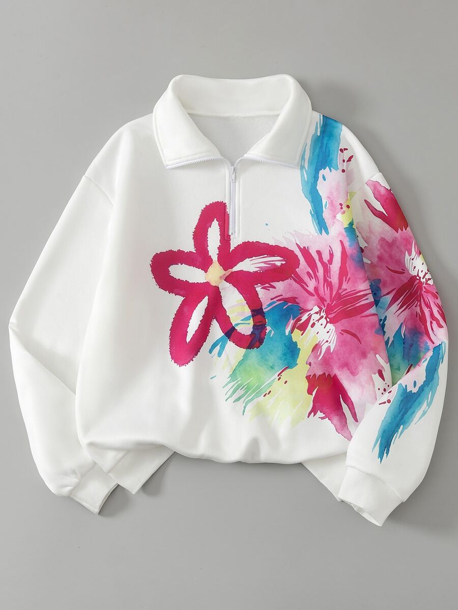 SHEIN Teen Girl Floral Print Casual Cute Daily Wear Long Sleeve Sweatshirt Sixth Form Party Cruise Beach White Autumn - Multicolor - View 1