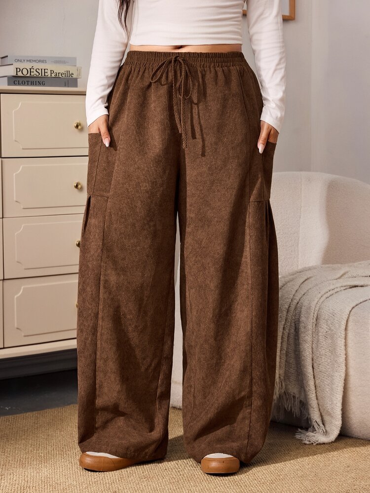 Enliva Plus-Size Loose Drawstring Casual Corset Capsule Trousers, CorduroyApple,Rounded Body Women Fall/Winter Pants Thanksgiving Formal Vacation Brown - Brown - View 6