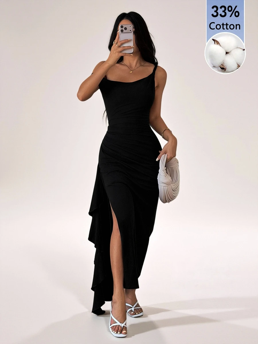 SHEIN PETITE Women's Cotton Blend Ruffle High Slit Dress, Party & Date Outfit - Black - View 1