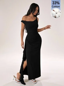 SHEIN PETITE Women's Cotton Blend Ruffle High Slit Dress, Party & Date Outfit - Black - View 3