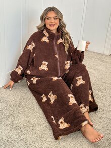 SHEIN CURVE+ Plus Size Thick Fleece Autumn/Winter 2 Pieces Set Long Pants + Cardigan Christmas - Multicolor - View 6