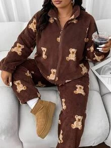 SHEIN CURVE+ Plus Size Thick Fleece Autumn/Winter 2 Pieces Set Long Pants + Cardigan Christmas - Multicolor - View 3