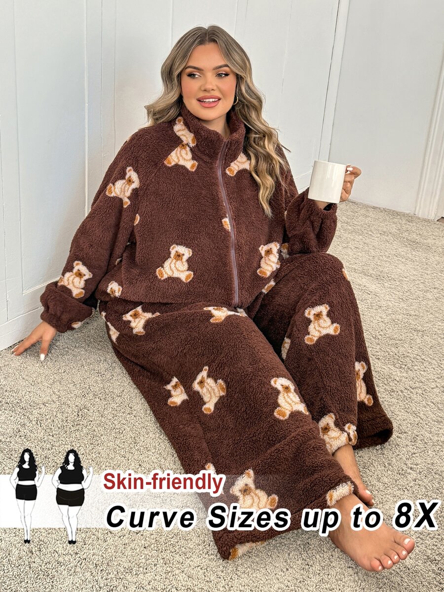 SHEIN CURVE+ Plus Size Thick Fleece Autumn/Winter 2 Pieces Set Long Pants + Cardigan Christmas - Multicolor - View 1