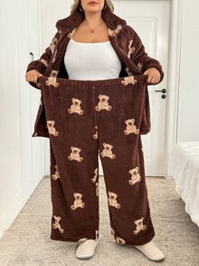 SHEIN CURVE+ Plus Size Thick Fleece Autumn/Winter 2 Pieces Set Long Pants + Cardigan Christmas - Multicolor - View 4