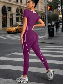 SHEIN Sports 1件女款無縫背後字母設計運動跑步瑜伽健身連身衣 - Mauve Mist - 查看 2