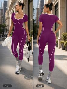 SHEIN Sports 1件女款無縫背後字母設計運動跑步瑜伽健身連身衣 - Mauve Mist - 查看 5