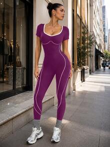SHEIN Sports 1件女款無縫背後字母設計運動跑步瑜伽健身連身衣 - Mauve Mist - 查看 6