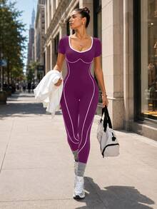 SHEIN Sports 1件女款無縫背後字母設計運動跑步瑜伽健身連身衣 - Mauve Mist - 查看 1