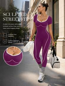 SHEIN Sports 1件女款無縫背後字母設計運動跑步瑜伽健身連身衣 - Mauve Mist - 查看 3