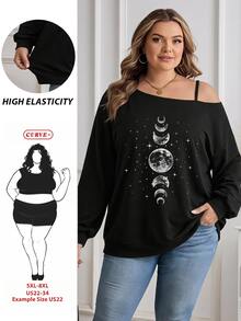 SHEIN CURVE+ Plus Size Women's Moon Print Casual Everyday Asymmetrical Shoulder T-Shirt - Multicolor - View 1