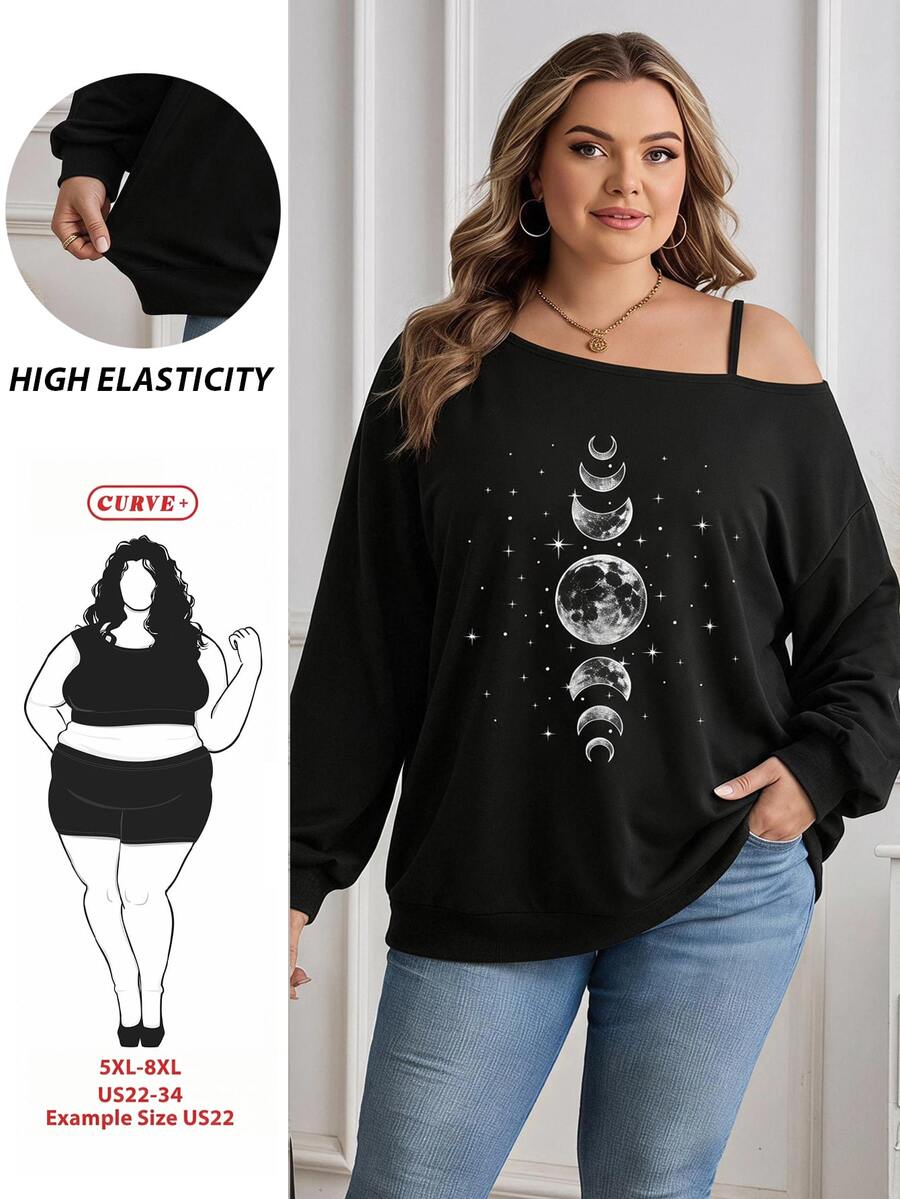 SHEIN CURVE+ Plus Size Women's Moon Print Casual Everyday Asymmetrical Shoulder T-Shirt - Multicolor - View 1