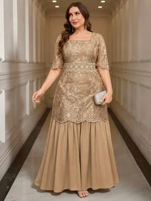 Reflora Plus Size Elegant Celestial Casual Party Theme Party Dinner Formal Christening Guest Embroidered Mesh Patchwork Dress Wedding Khaki Summer Wedding - Brown - View 1