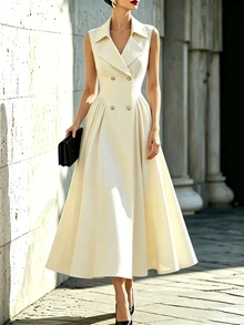 Elenzga Cream White Blazer Lapel Sleeveless Double-Breasted Metal Button Cinched Waist Flared Mid-Length Elegant French Women's Trench Coat Dinner Office Fall - Apricot - View 4
