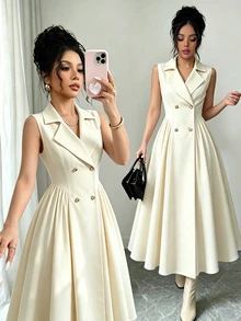 Elenzga Cream White Blazer Lapel Sleeveless Double-Breasted Metal Button Cinched Waist Flared Mid-Length Elegant French Women's Trench Coat Dinner Office Fall - Apricot - View 1