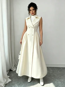 Elenzga Cream White Blazer Lapel Sleeveless Double-Breasted Metal Button Cinched Waist Flared Mid-Length Elegant French Women's Trench Coat Dinner Office Fall - Apricot - View 3