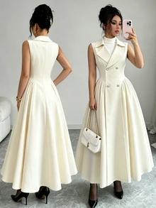 Elenzga Cream White Blazer Lapel Sleeveless Double-Breasted Metal Button Cinched Waist Flared Mid-Length Elegant French Women's Trench Coat Dinner Office Fall - Apricot - View 5