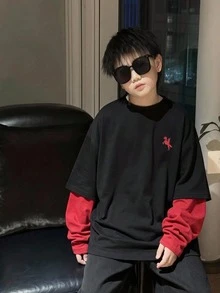 SHEIN Little Byeori 兒童青少年男孩休閒學院復古風圓領套頭長袖T恤，秋季穿搭，冬季穿搭，寬鬆條紋T恤，適合春夏秋冬，學校、家庭聚會、運動、生日派對 - 彩色 - 查看 3
