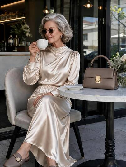 Penseblé European Luxury Elegant Women's Champagne Satin Cowl Neck Mermaid Hem Silver Hair Grandma Long Dress Lantern Long Sleeve Ankle Length Grandmother Banquet Formal Wedding Evening Party Christmas Holiday Graduation Party Women's Dress