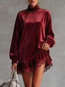 Louniche European Luxury Style Burgundy Ruched High Neck Lace Trim Lantern Long Sleeve Velvet Dress, Loose Slimming Short Dress For Autumn/Winter Banquet, Holiday Party - Burgundy - View 5