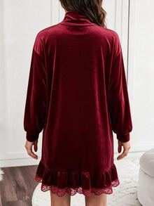Louniche European Luxury Style Burgundy Ruched High Neck Lace Trim Lantern Long Sleeve Velvet Dress, Loose Slimming Short Dress For Autumn/Winter Banquet, Holiday Party - Burgundy - View 2