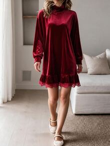 Louniche European Luxury Style Burgundy Ruched High Neck Lace Trim Lantern Long Sleeve Velvet Dress, Loose Slimming Short Dress For Autumn/Winter Banquet, Holiday Party - Burgundy - View 3