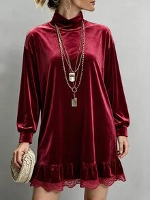 Louniche European Luxury Style Burgundy Ruched High Neck Lace Trim Lantern Long Sleeve Velvet Dress, Loose Slimming Short Dress For Autumn/Winter Banquet, Holiday Party - Burgundy - View 4