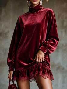 Louniche European Luxury Style Burgundy Ruched High Neck Lace Trim Lantern Long Sleeve Velvet Dress, Loose Slimming Short Dress For Autumn/Winter Banquet, Holiday Party - Burgundy - View 1