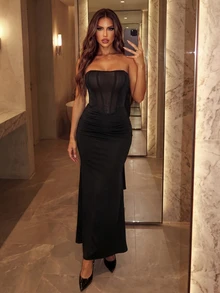 Allurite Black Sleeveless Dress With Pleated Waist, Suitable For Night Out Party Club, Weddings, And Halloween Summer Sexy Bandage - Black - View 5