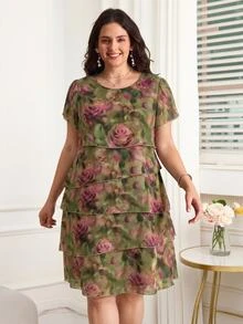 Reflora Plus Size Women's Floral Pattern Round Neck Petal Short Sleeve Loose Fit Dress Wedding Brunch Tea Party Wedding Guest Evening Kelly Green - Black - View 2