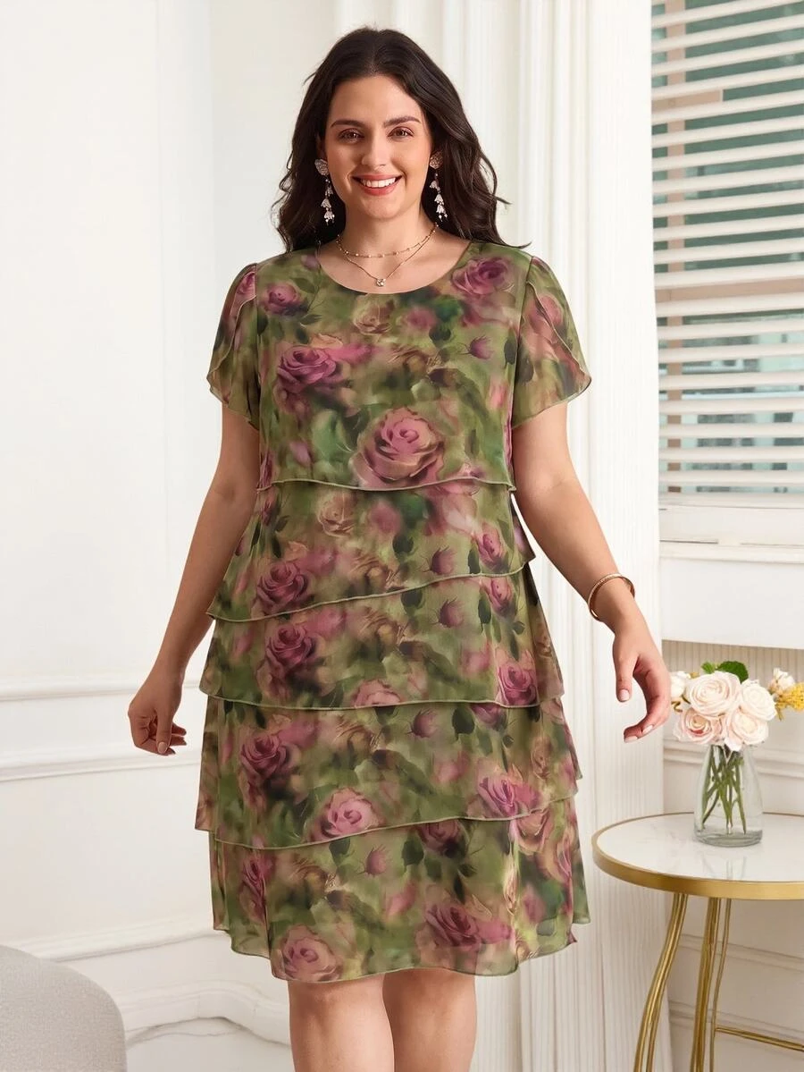 Reflora Plus Size Women's Floral Pattern Round Neck Petal Short Sleeve Loose Fit Dress Wedding Brunch Tea Party Wedding Guest Evening Kelly Green