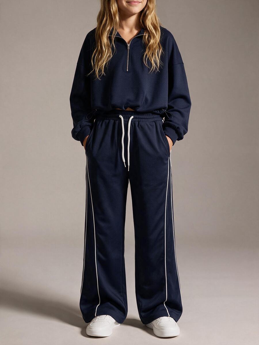 SHEIN Tween Girls Navy Blue Sporty Casual Sweatpants Long Pants, Side Striped Webbing Design With Pockets. Natural Lazy INS Style, Essential For Autumn/Winter, Suitable For Spring/Summer/Autumn/Winter, School And Autumn Outfits, Halloween And Christmas. - Navy Blue - View 1