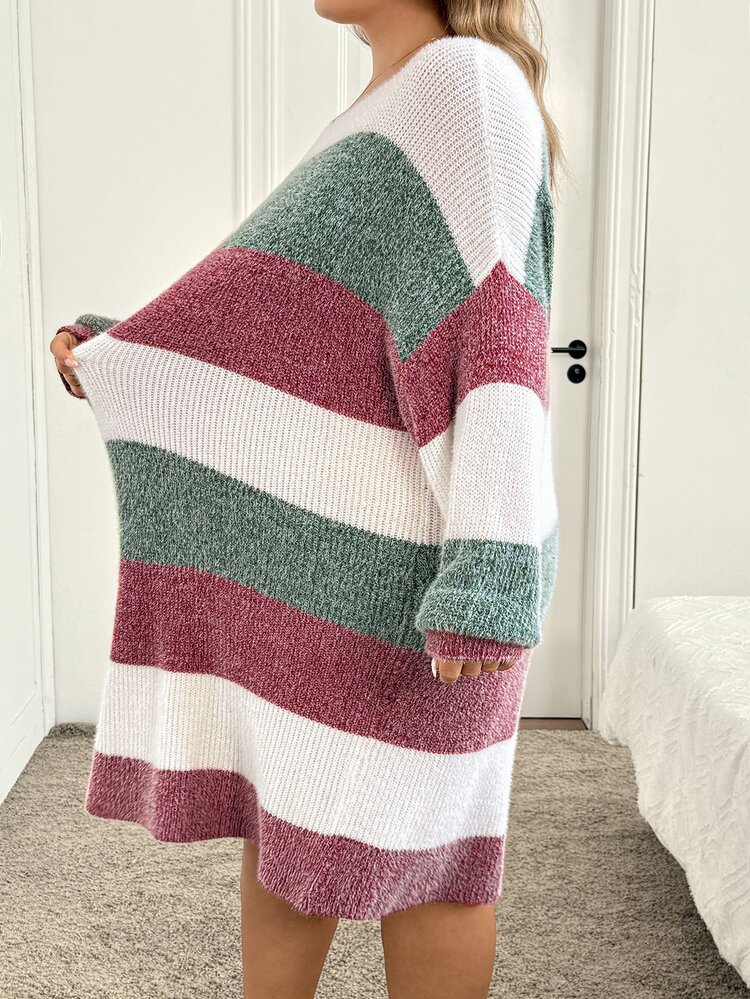 SHEIN CURVE+ Plus Size Women Multicolor Boat Neck Lantern Sleeve Knit Warm Casual Loose Pullover Sweater Dress Winter - Multicolor - View 4