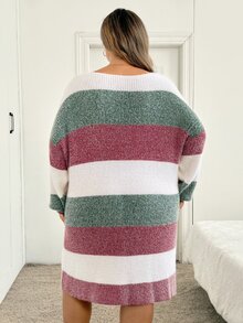 SHEIN CURVE+ 大尺碼女款白色與綠色船領燈籠袖針織保暖休閒優雅 80年代寬鬆套頭毛衣洋裝 秋季居家正式 - 彩色 - 查看 2