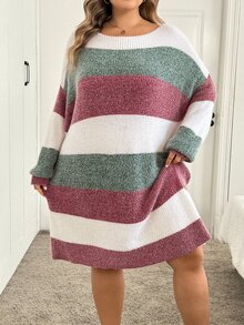 SHEIN CURVE+ 大尺碼女款白色與綠色船領燈籠袖針織保暖休閒優雅 80年代寬鬆套頭毛衣洋裝 秋季居家正式 - 彩色 - 查看 5
