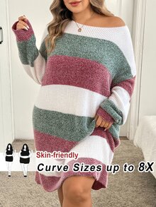 SHEIN CURVE+ 大尺碼女款白色與綠色船領燈籠袖針織保暖休閒優雅 80年代寬鬆套頭毛衣洋裝 秋季居家正式 - 彩色 - 查看 1