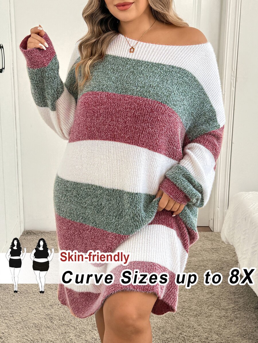 SHEIN CURVE+ 大尺碼女款白色與綠色船領燈籠袖針織保暖休閒優雅 80年代寬鬆套頭毛衣洋裝 秋季居家正式 - 彩色 - 查看 1